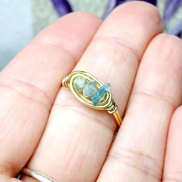 Hand Crafted Jewelry - Blue Apatite Crystal Beaded Ring, Wire Wrapped, Gold, Size 9.5